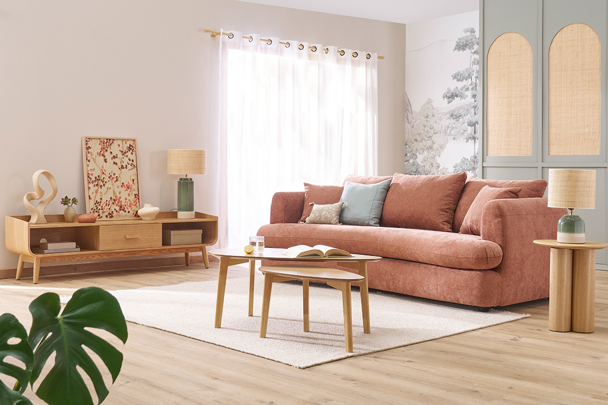 Canap� d�houssable 3-4 places design haricot en tissu effet velours terre br�l�e SACHA