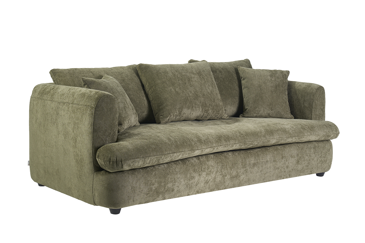 Canap� d�houssable 3-4 places design haricot en tissu vert kaki, avec coussins, vue de 3/4.