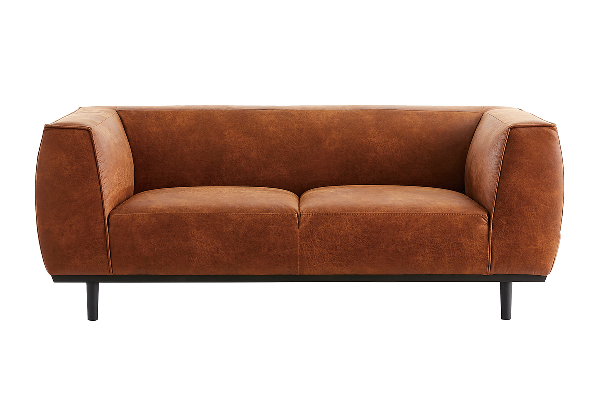 Canap� design 2-3 places en cuir aspect vieilli marron cognac MORRIS