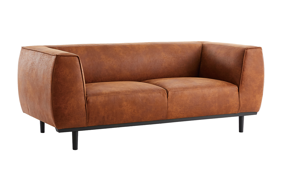 Canap� design 2-3 places en cuir aspect vieilli marron cognac MORRIS