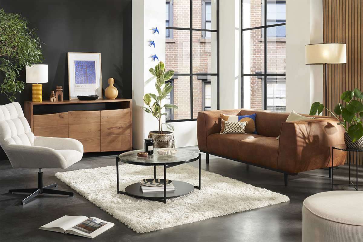 Canap� design 2-3 places en cuir aspect vieilli marron cognac MORRIS