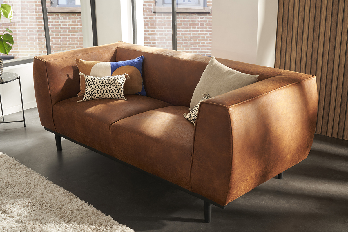Canap� design 2-3 places en cuir aspect vieilli marron cognac MORRIS
