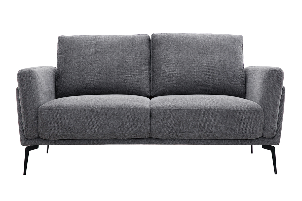 Canap� design 2 places en tissu effet velours textur� gris fonc� avec pieds en m�tal noir, vue de face.