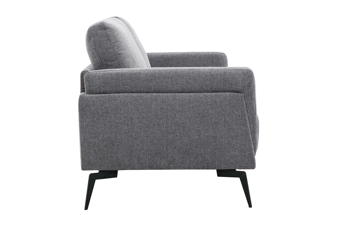 Canap� design 2 places en tissu gris fonc�, vue de profil, avec pieds en m�tal noir.