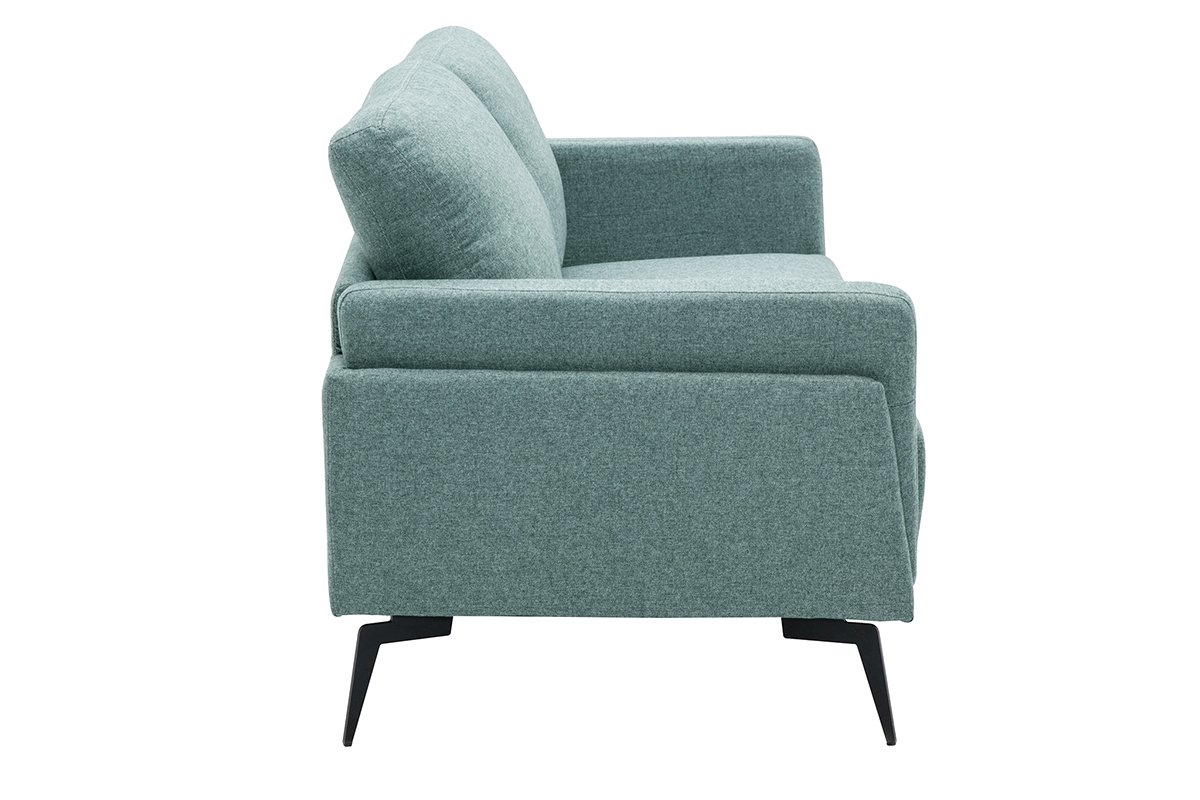 Canap� 2 places en tissu vert de gris, vue de profil, pieds en m�tal noir.