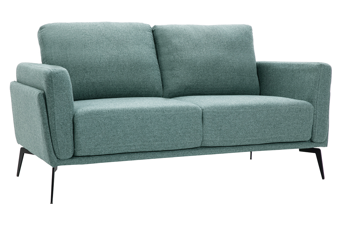 Canap� 2 places en tissu vert de gris avec pieds en m�tal noir, vue de 3/4.