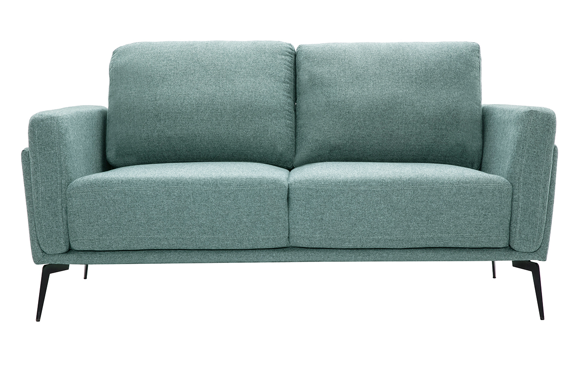 Canap� 2 places en tissu vert de gris, pieds en m�tal noir, vue de face.