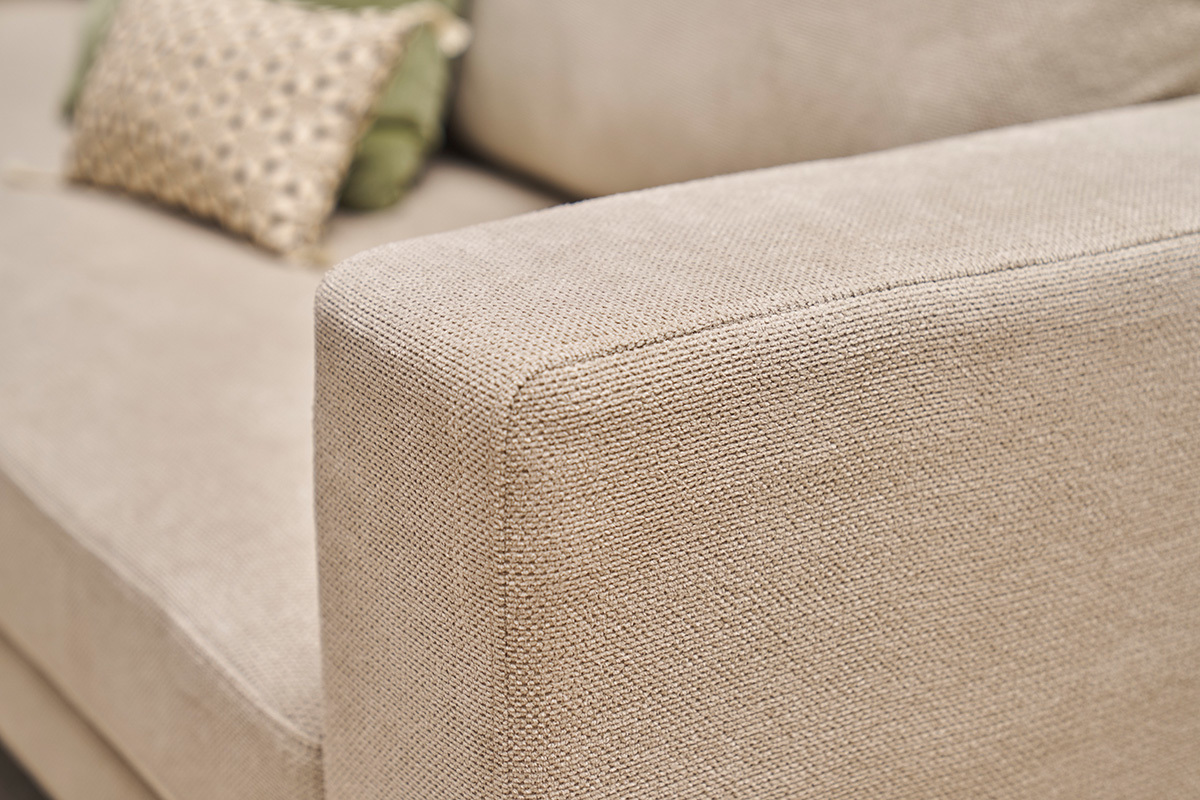Canap� design 3 places en tissu chenille beige et m�tal noir LENNON