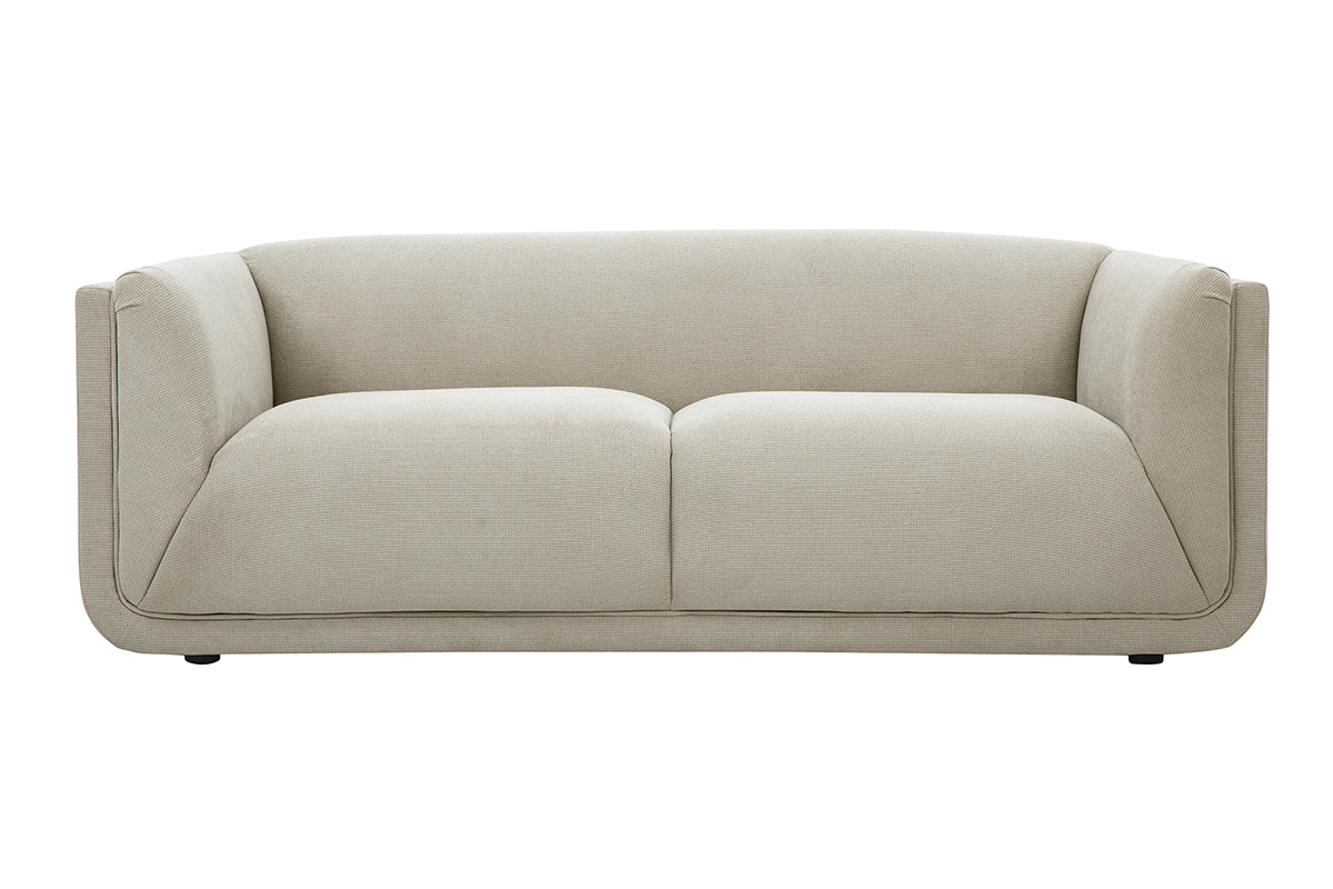 Canap� 3 places en tissu beige, vue de face, lignes arrondies et base incurv�e.
