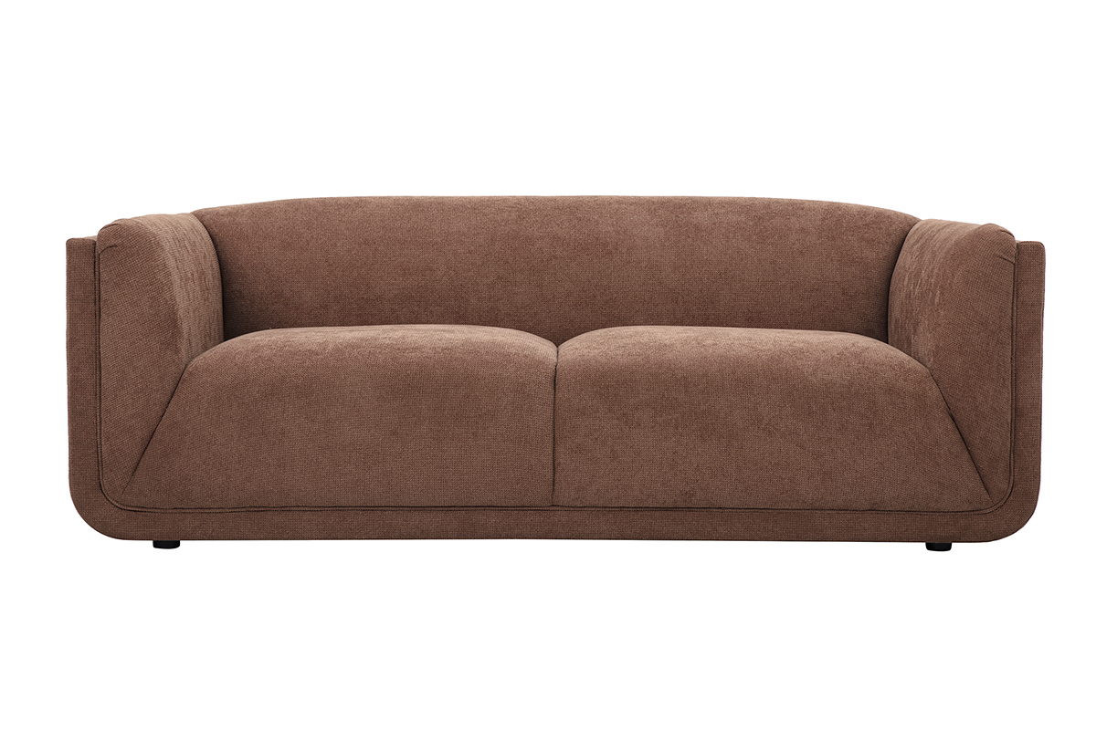 Canap� 3 places en tissu chenille terre br�l�e, design moderne, vue de face.