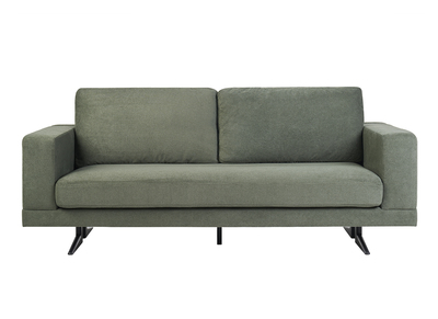 Canap&eacute; design 3 places en tissu chenille vert kaki et m&eacute;tal noir LENNON