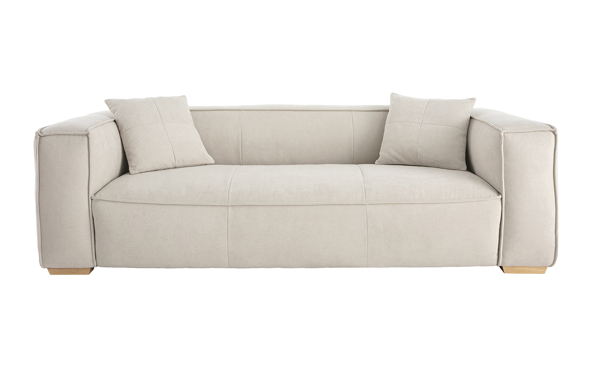 Canap� design 3 places en tissu effet velours beige naturel et bois clair COBAIN