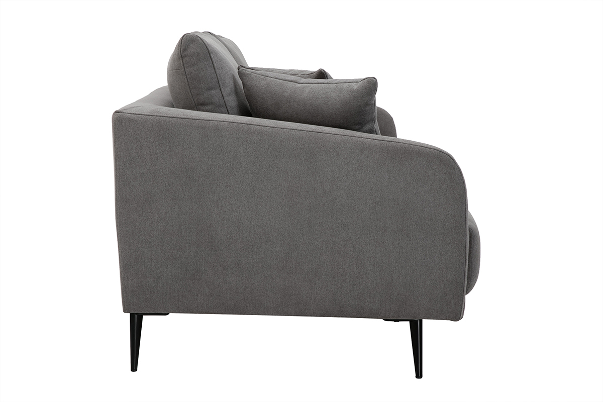 Canap� gris effet velours 3 places, vue de c�t�, avec pieds en m�tal noir.