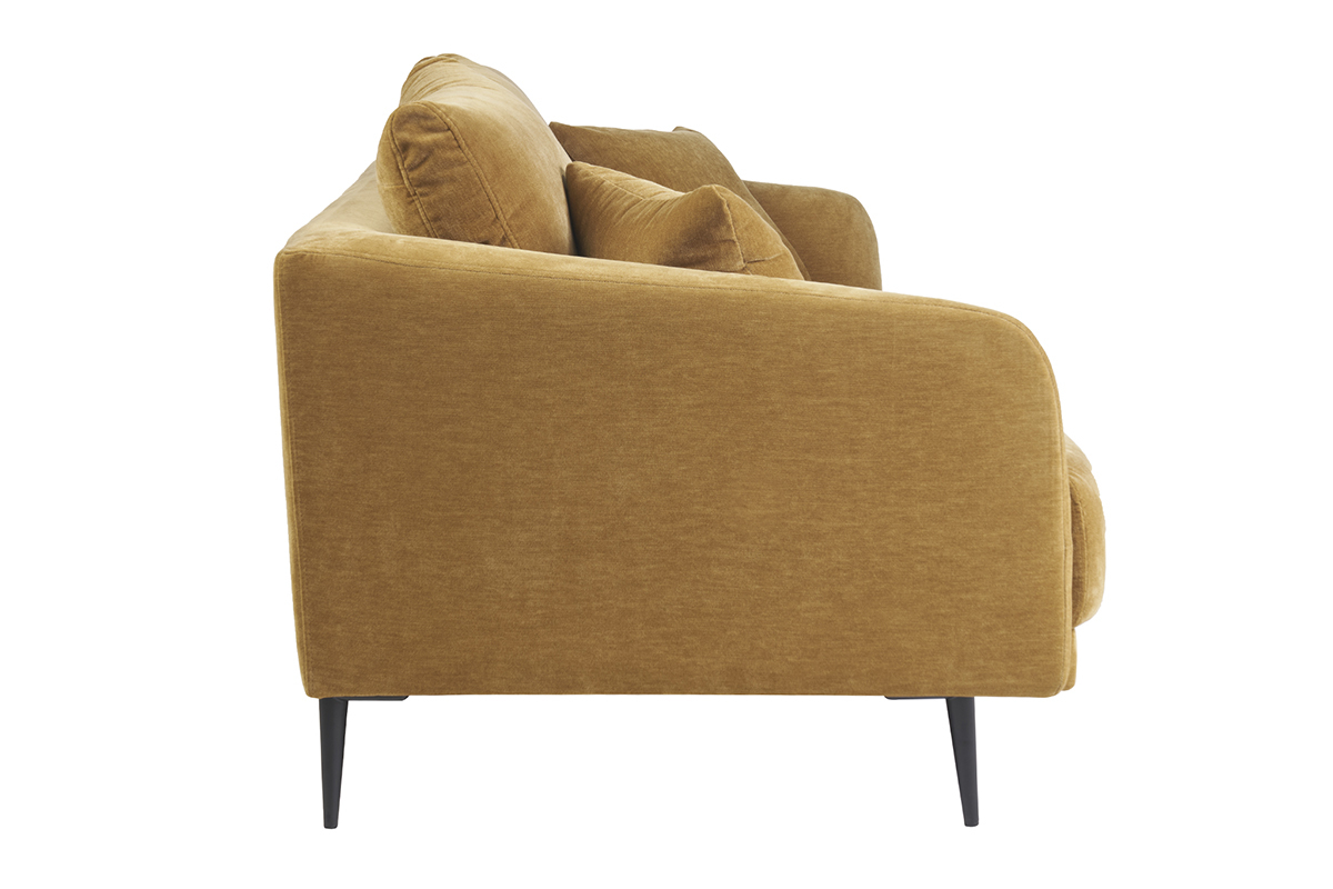 Canap� design 3 places en tissu effet velours jaune curry et m�tal noir JERRY
