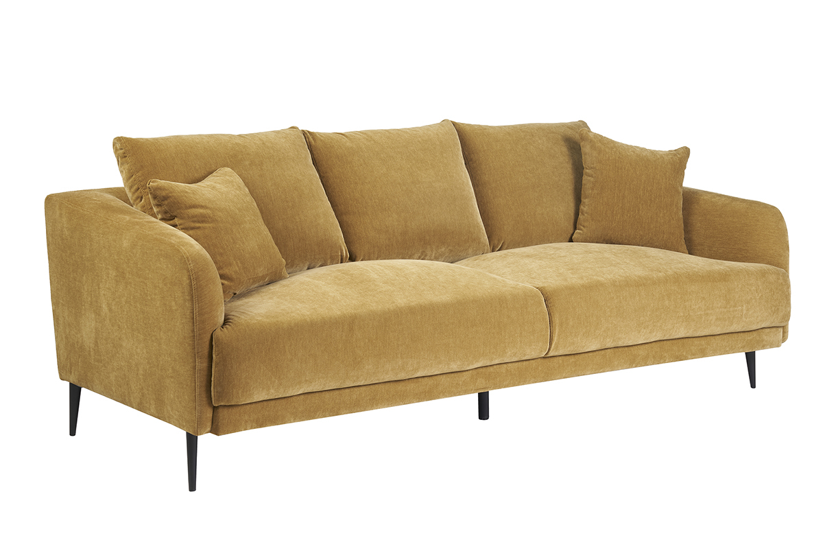 Canap� design 3 places en tissu effet velours jaune curry et m�tal noir JERRY