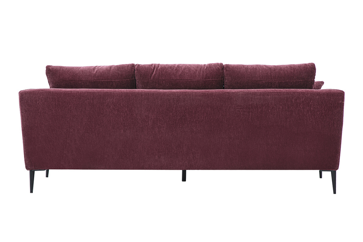 Canap� design 3 places de dos, en tissu effet velours prune avec pieds en m�tal noir.
