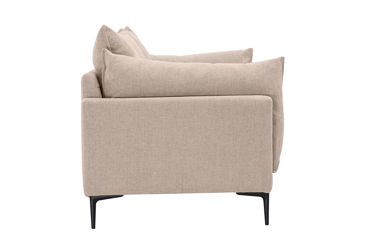 Canap� design 3 places beige en tissu effet velours, vue de profil avec accoudoirs et pieds en m�tal noir.