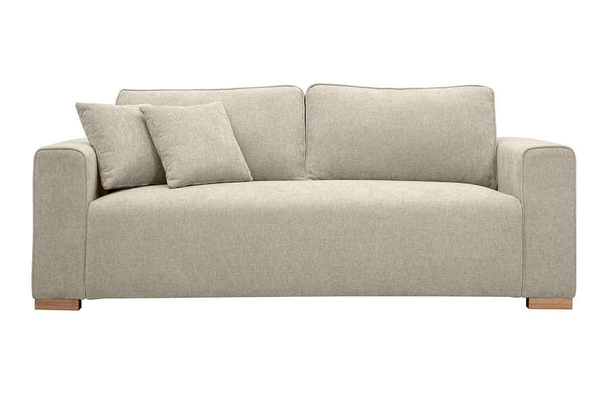 Canap� beige 3 places en tissu effet velours textur� avec pieds en bois massif