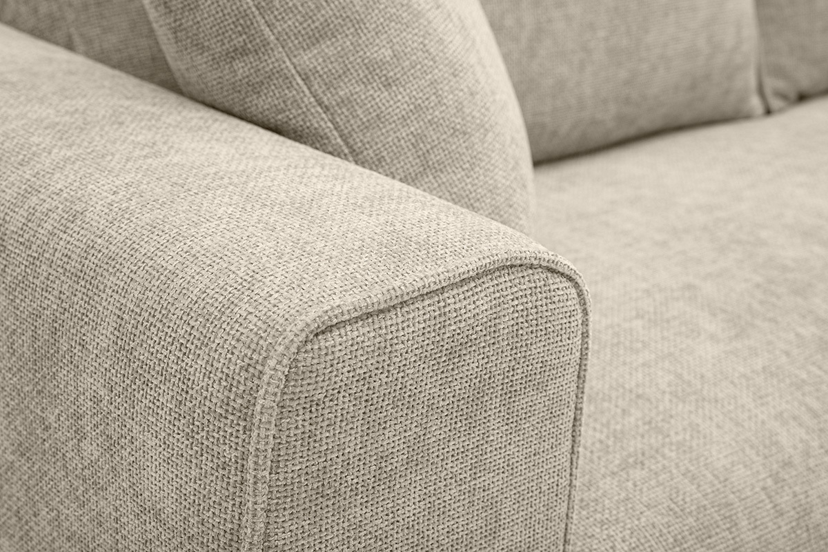 Canap� 3 places beige en tissu effet velours textur� avec pieds en bois massif, accoudoirs larges
