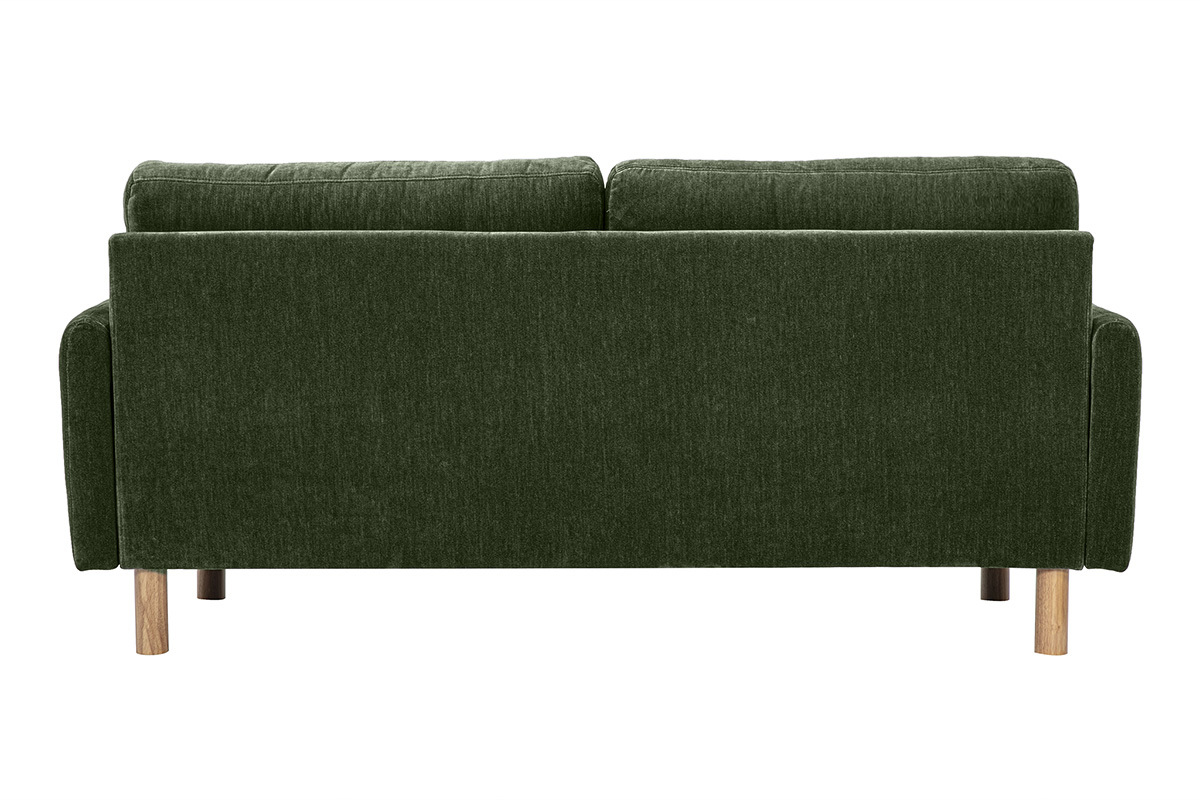 Canap� vert kaki en tissu effet velours, vue arri�re, pieds en bois clair.