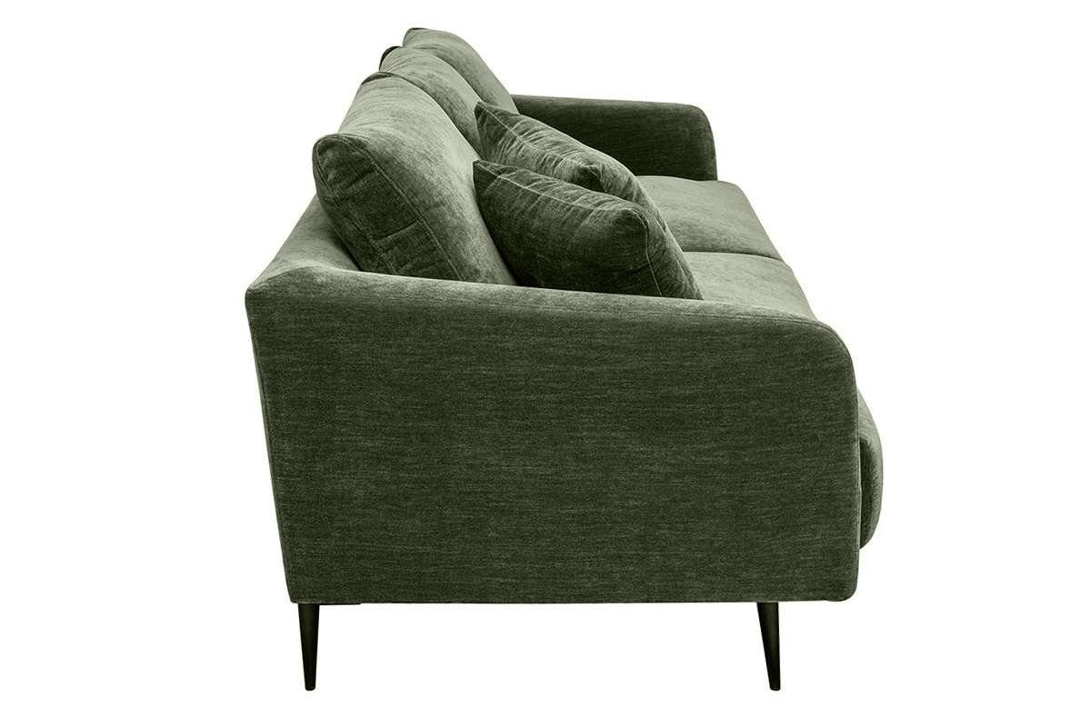 Canap� design 3 places en tissu effet velours vert kaki et m�tal noir JERRY