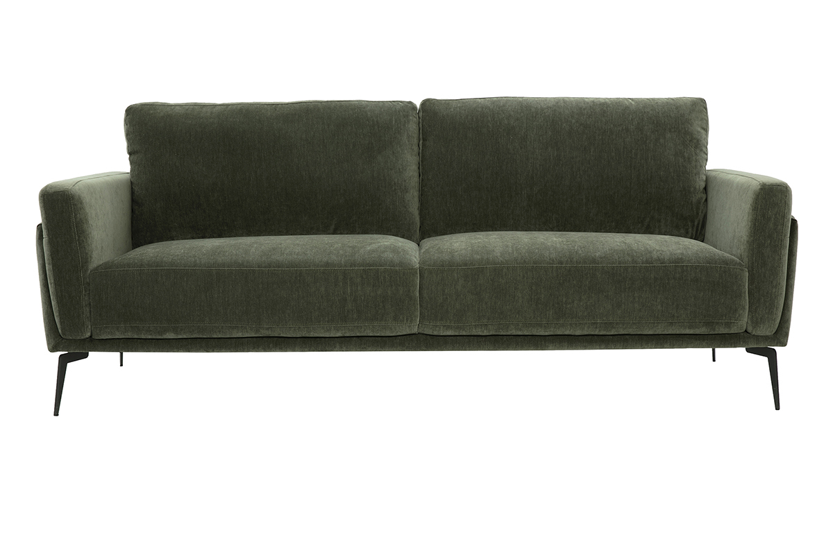 Canap� design 3 places en tissu effet velours vert kaki et m�tal noir MOSCO