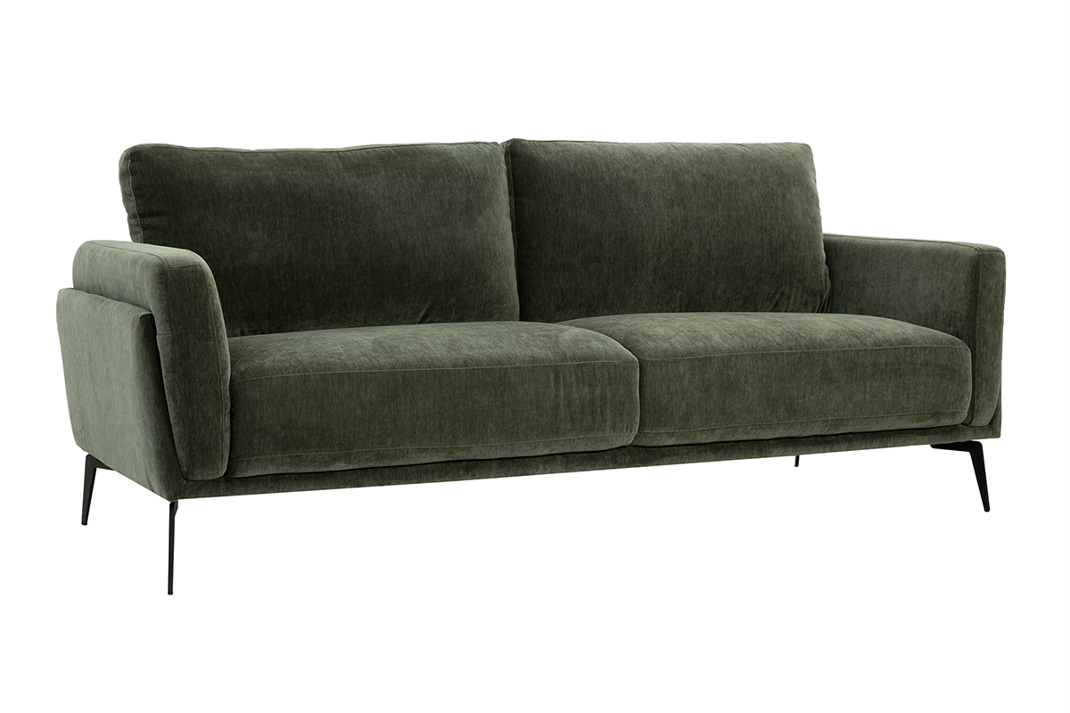 Canap� design 3 places en tissu effet velours vert kaki et m�tal noir MOSCO