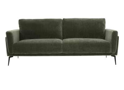 Canap&eacute; design 3 places en tissu effet velours vert kaki et m&eacute;tal noir MOSCO