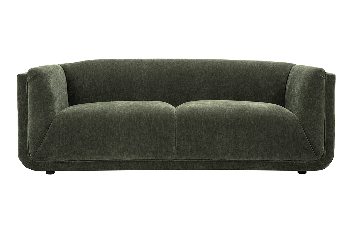 Canap� 3 places en tissu effet velours vert kaki, vue de face.
