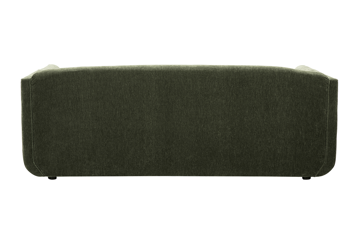 Vue arri�re du canap� 3 places en tissu effet velours vert kaki.