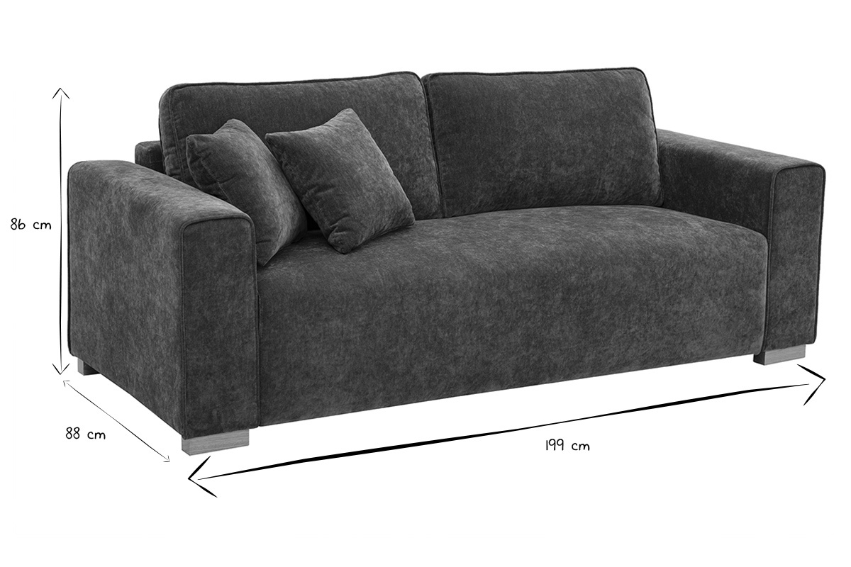 Canap� 3 places en noir et blanc avec dimensions L199 x P88 x H86 cm.
