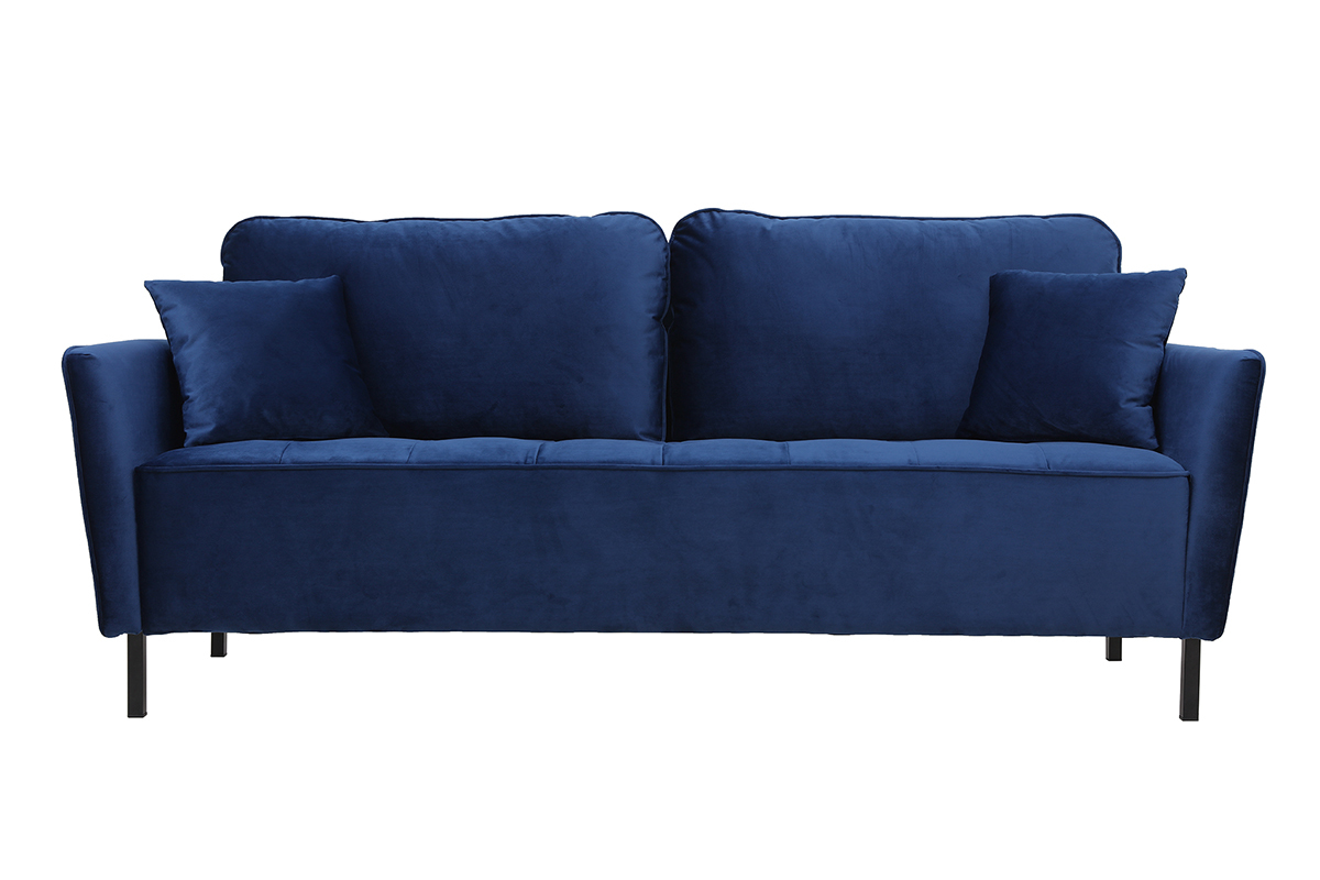 Canap� design 3 places en tissu velours bleu fonc� et m�tal noir BEKA
