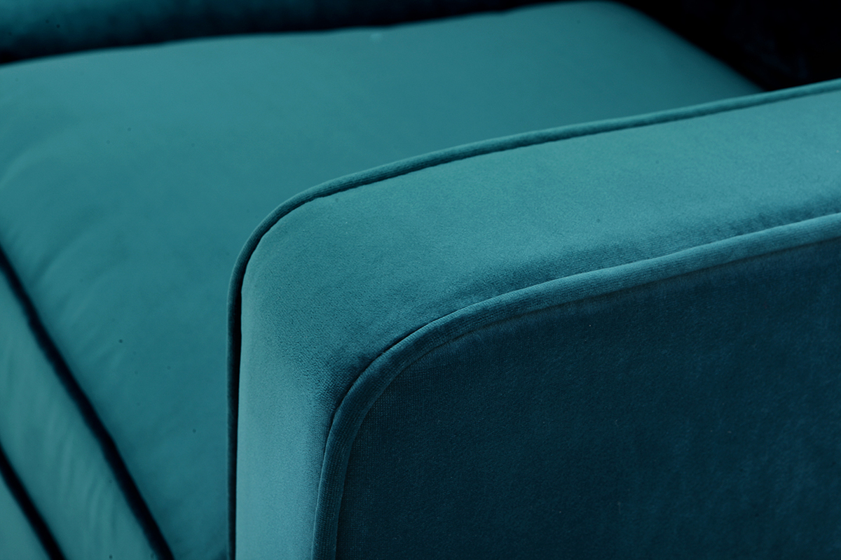 Canap� design 3 places en tissu velours bleu p�trole et bois noir BROOKLYN
