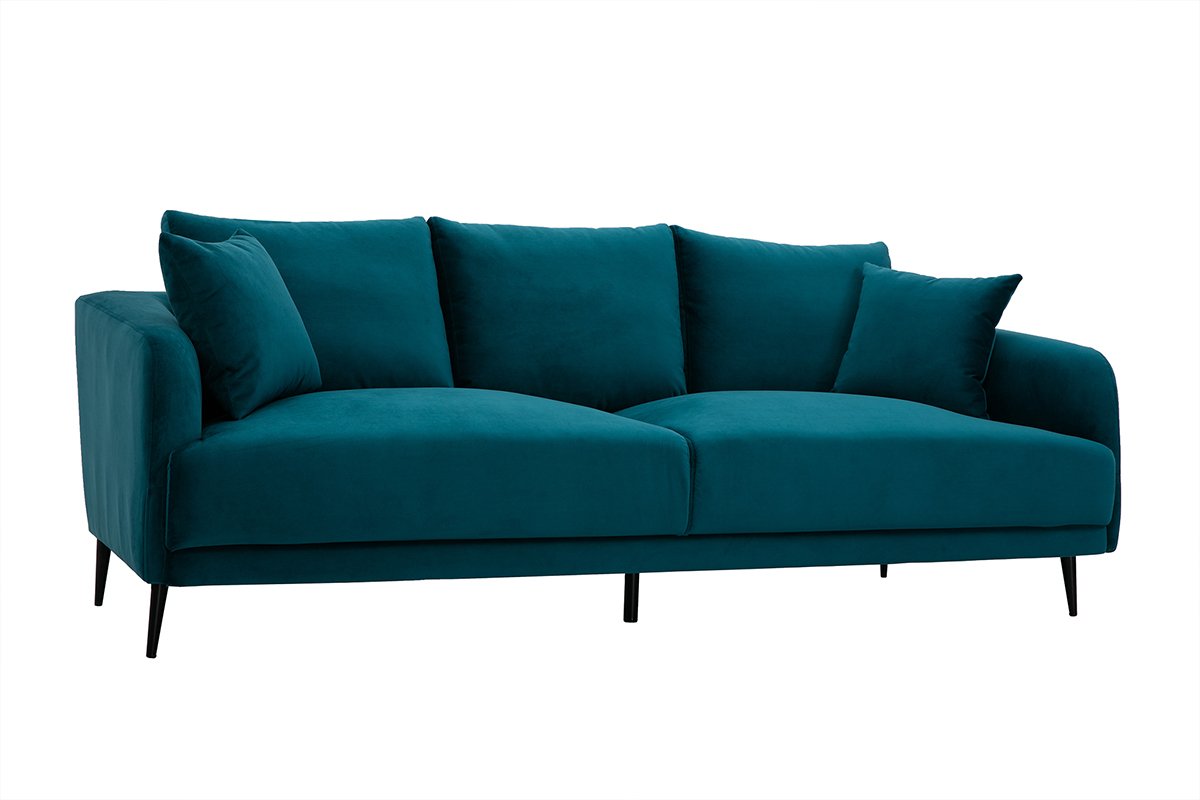 Canap� design 3 places en tissu velours bleu p�trole et m�tal noir JERRY