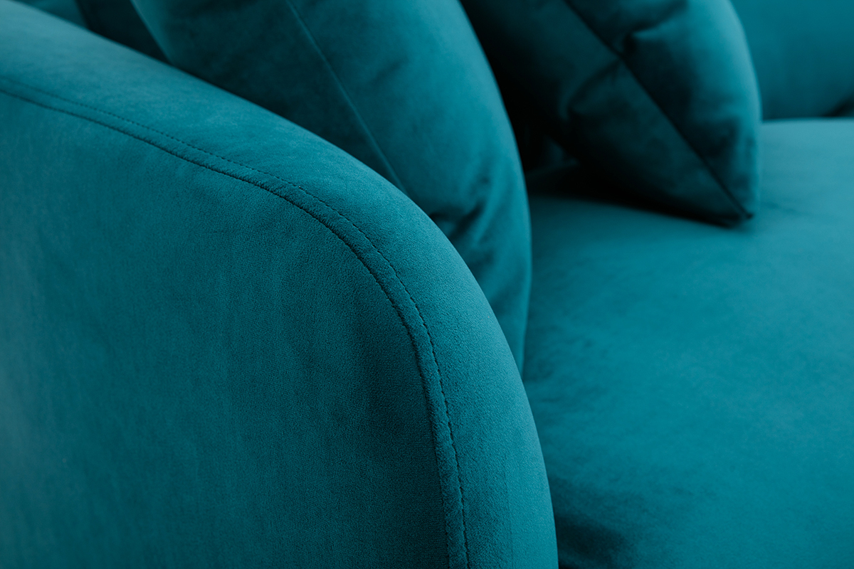 Canap� design 3 places en tissu velours bleu p�trole et m�tal noir JERRY