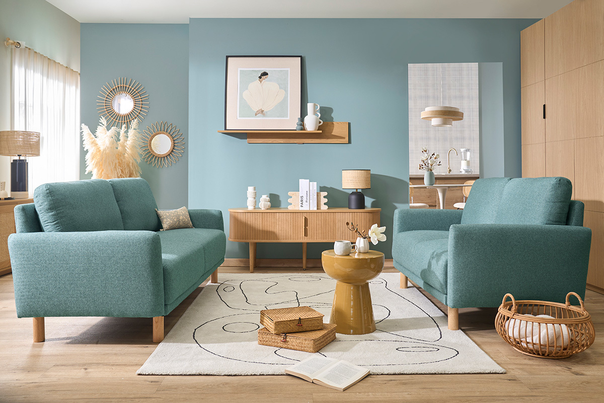 Canap� design 3 places en tissu vert de gris et bois clair BONO