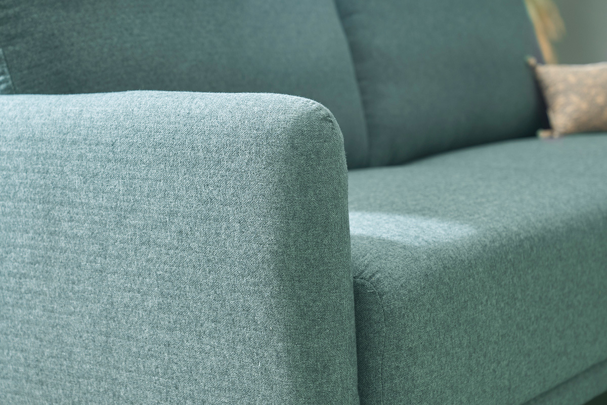 Canap� design 3 places en tissu vert de gris et bois clair BONO