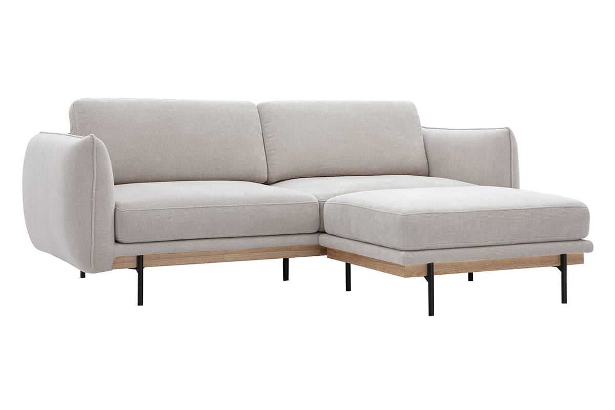 Canap� 3 places beige avec repose-pieds, pieds en m�tal noir, base en bois, vue de 3/4.