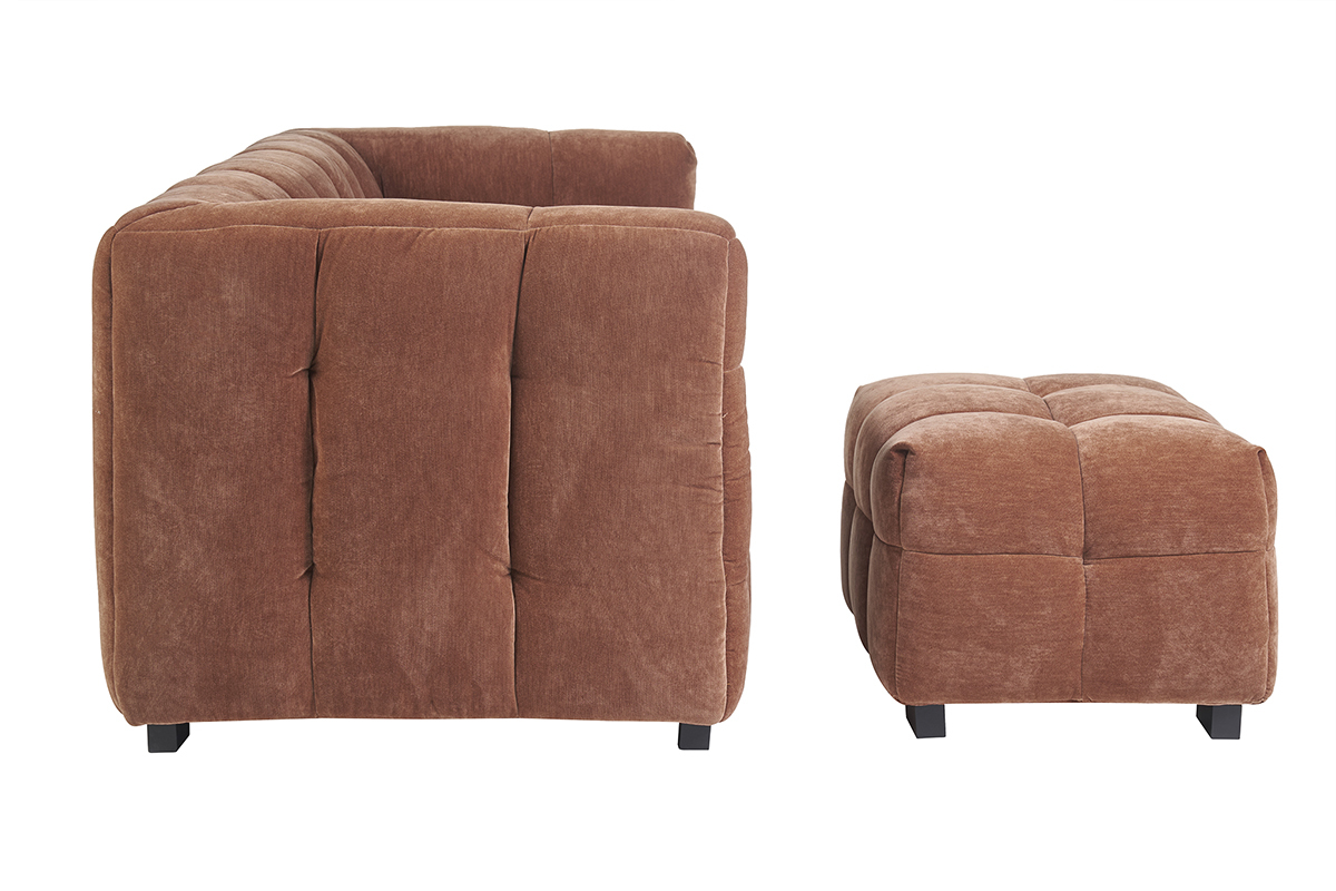 Canap� design 3 places et repose-pieds en tissu effet velours terre br�l�e CORTO