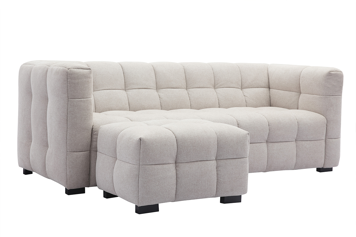 Canap� design 3 places et repose-pieds en tissu effet velours textur� beige CORTO