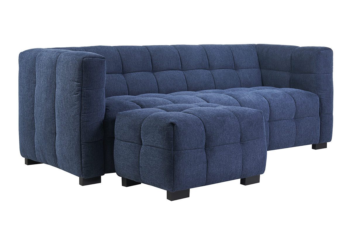 Canap� design 3 places et repose-pieds en tissu effet velours textur� bleu fonc� CORTO