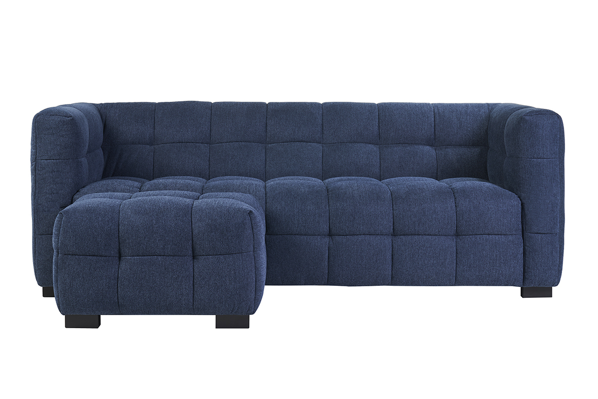 Canap� design 3 places et repose-pieds en tissu effet velours textur� bleu fonc� CORTO