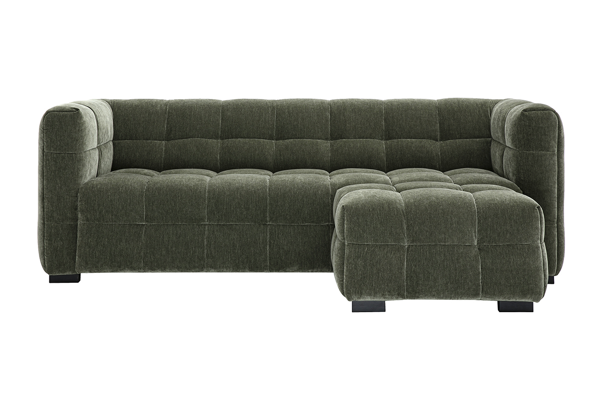 Canap� design 3 places et repose-pieds en tissu effet velours vert kaki CORTO