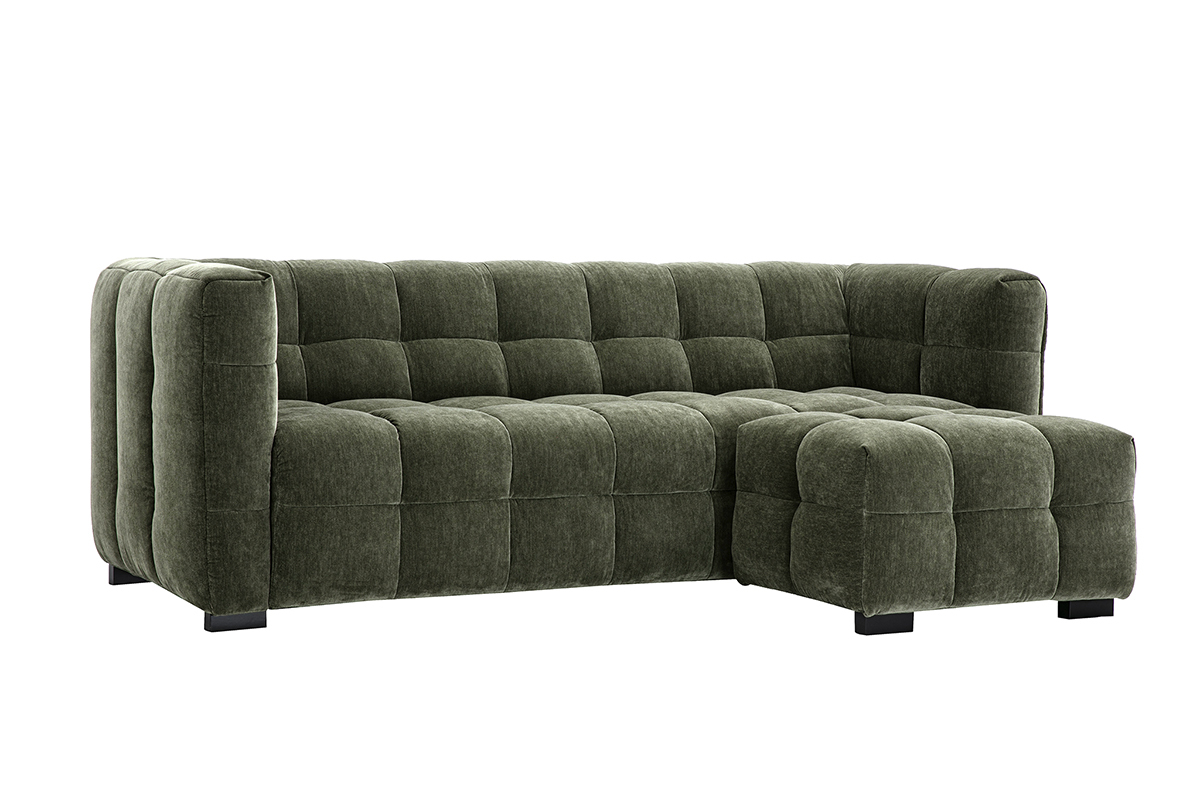 Canap� design 3 places et repose-pieds en tissu effet velours vert kaki CORTO