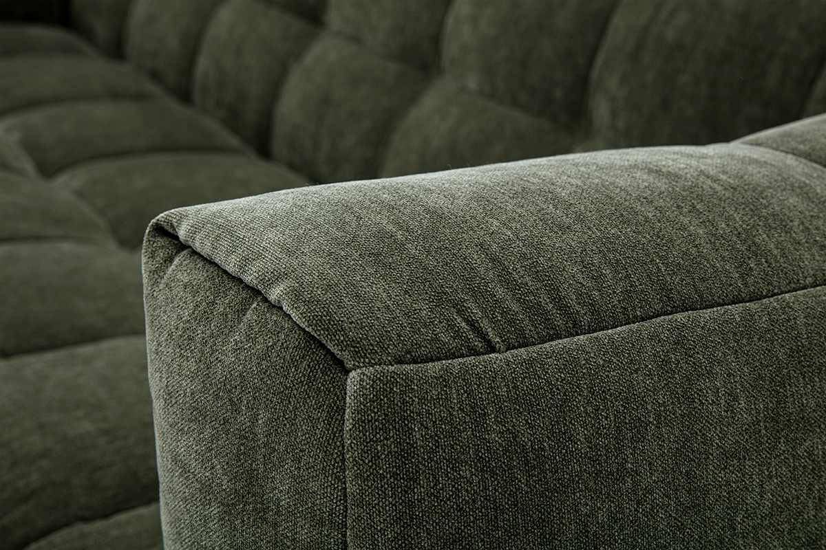 Canap� design 3 places et repose-pieds en tissu effet velours vert kaki CORTO