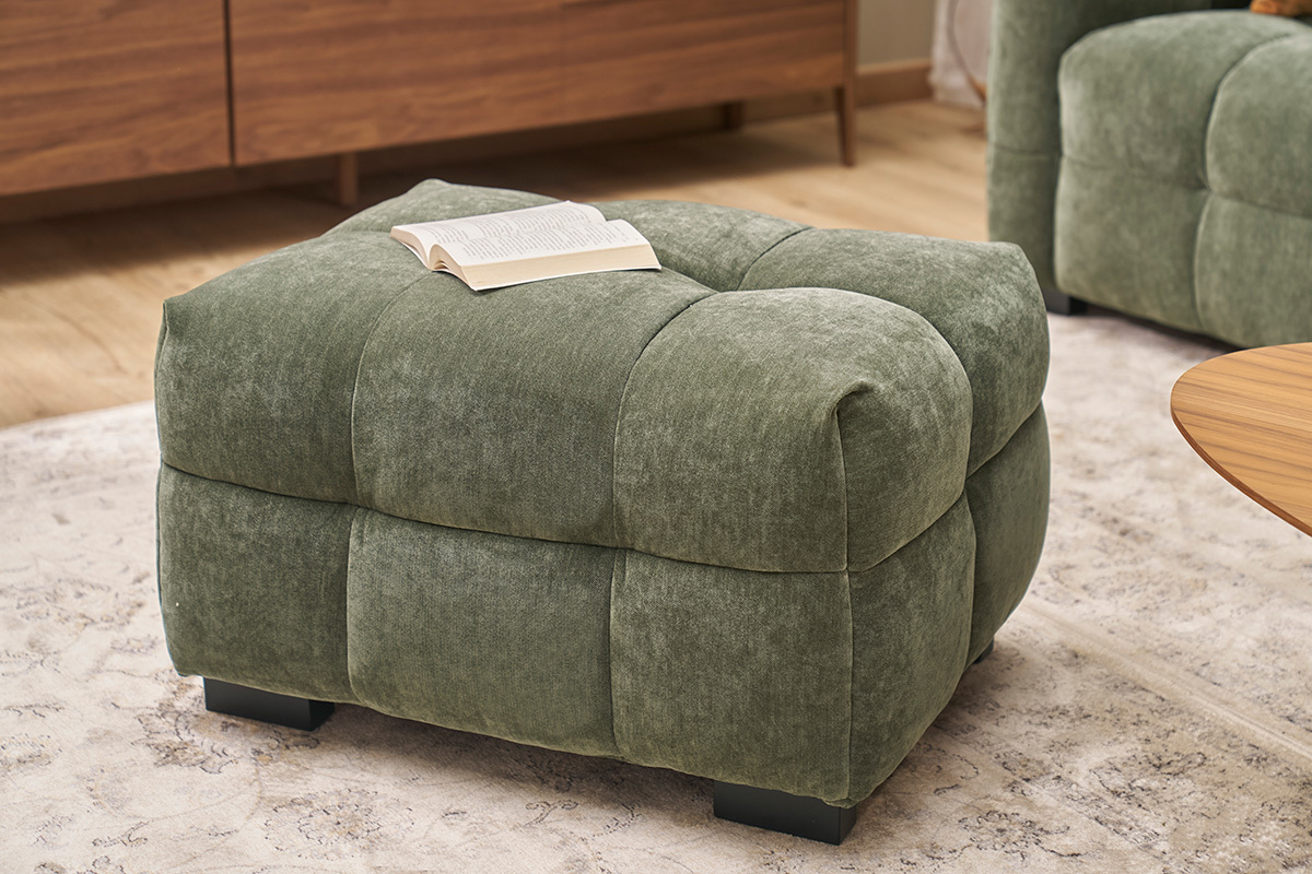 Canap� design 3 places et repose-pieds en tissu effet velours vert kaki CORTO