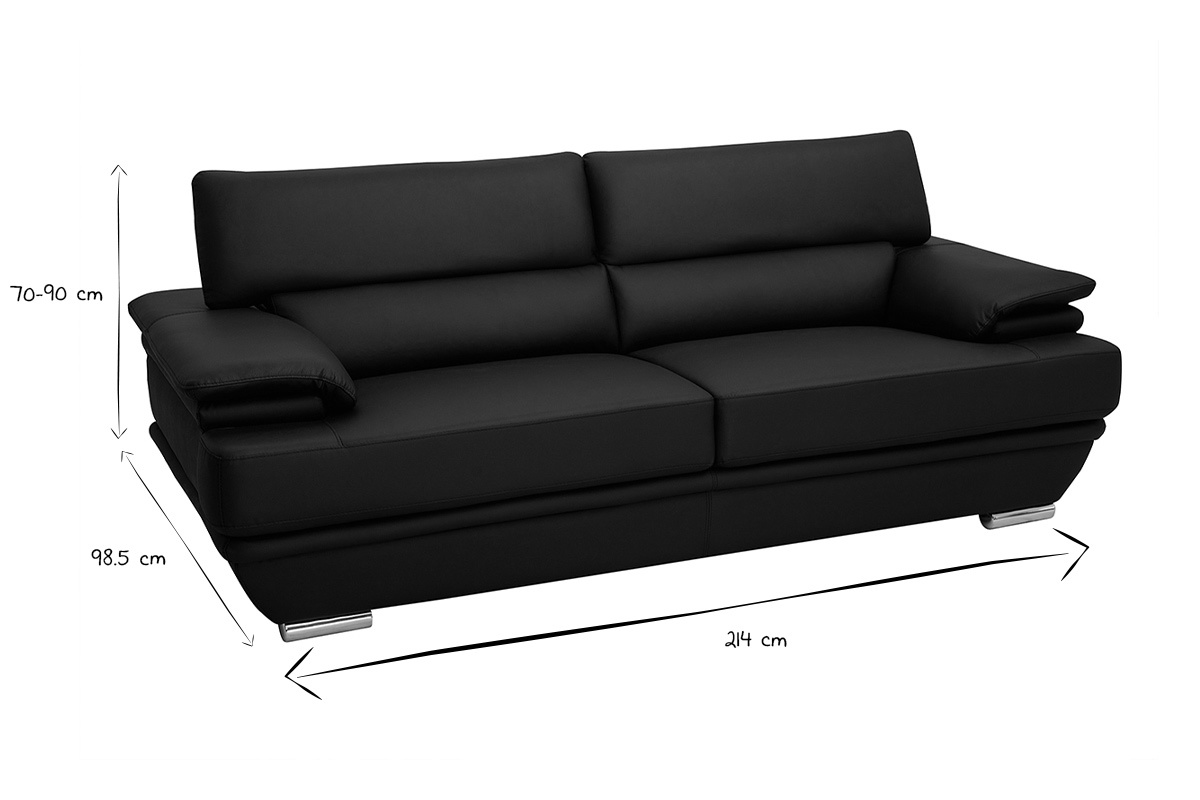 Canap� design avec t�ti�res ajustables 3 places cuir noir et acier chrom� EWING