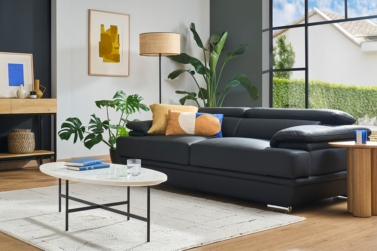 Canap� design avec t�ti�res ajustables 3 places cuir noir et acier chrom� EWING