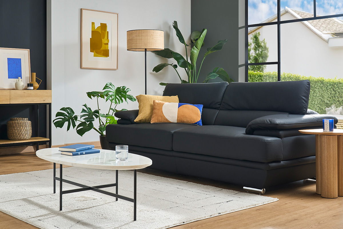 Canap� design avec t�ti�res ajustables 3 places cuir noir et acier chrom� EWING