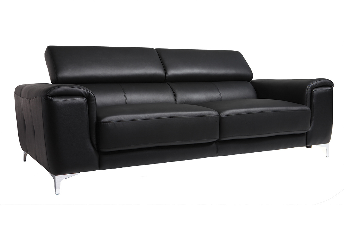 Canap� design avec t�ti�res ajustables 3 places en cuir noir et acier chrom� NEVADA